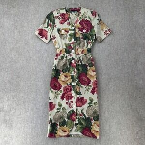 STUNNING VTG 80s Floral Sexy Retro Pencil Dress Bonnie‎ Marx Button 2P Pinup